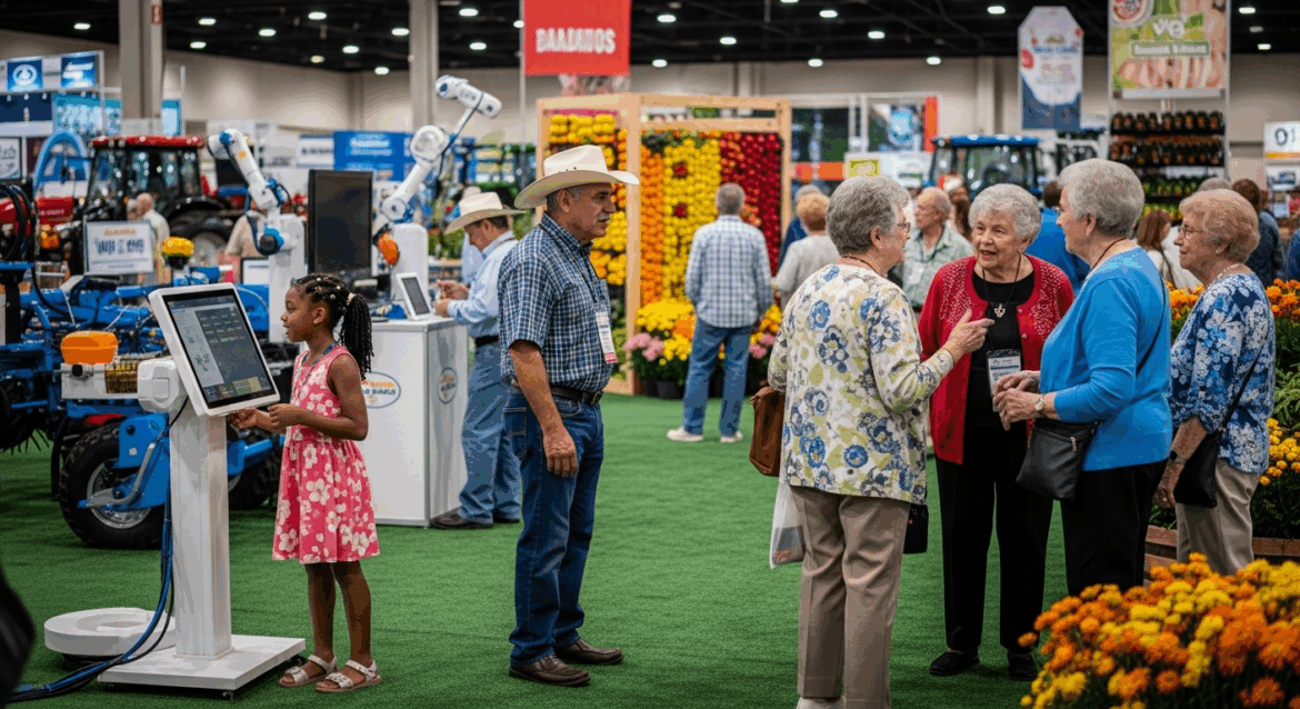 A vibrant and dynamic agricultural fair scene showcasing innovative technology and exciting attractions, featuring colorful displays of agriculture and a diverse crowd enjoying the festivities. No texts on scene. Keywords: photorealistic style, high resolution, 4k details, HDR, cinematic lighting, professional photography, studio lighting, vibrant colors.