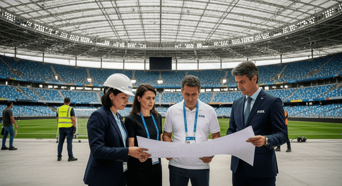 A vibrant scene showcasing FIFA officials conducting an inspection at Arena Fonte Nova, with a focus on the stadium's structure and atmosphere filled with anticipation for the Women's World Cup 2027. no texts on scene. Photorealistic style, high resolution, 4k details, HDR, cinematic lighting, professional photography, studio lighting, vibrant colors.