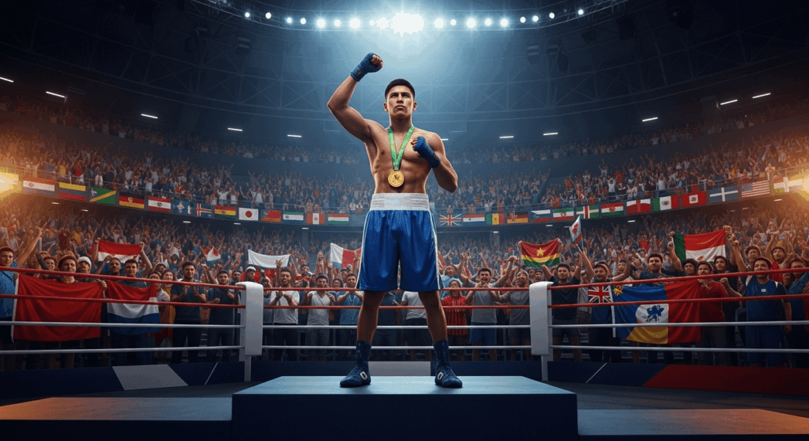 A triumphant young boxer standing on a podium, holding a medal high above his head, surrounded by cheering fans and a vibrant international atmosphere, capturing a moment of pride and achievement in a modern sports arena. No texts on scene. Keywords: photorealistic style, high resolution, 4k details, HDR, cinematic lighting, professional photography, studio lighting, vibrant colors.