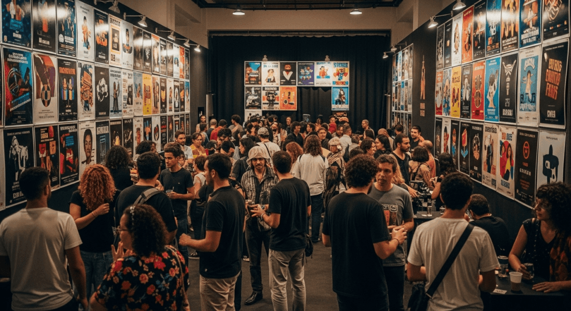 A vibrant scene showcasing a film festival venue in Rio, decorated with colorful posters of student-produced films from state schools in Bahia, featuring excited attendees and filmmakers discussing their work. No texts on scene. Photorealistic style, high resolution, 4k details, HDR, cinematic lighting, professional photography, studio lighting, vibrant colors.