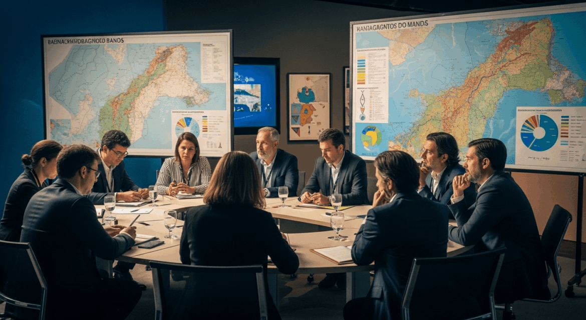 A vibrant conference room filled with engaged participants discussing water management, with a backdrop featuring maps and charts of hydrographic basins, in a modern Salvador setting. no texts on scene. Keywords: photorealistic style, high resolution, 4k details, HDR, cinematic lighting, professional photography, studio lighting, vibrant colors.