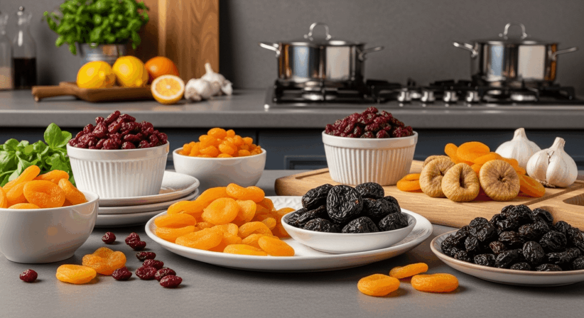A vibrant kitchen scene featuring a variety of colorful dried fruits artfully arranged on elegant kitchenware, with fresh ingredients and cooking tools in the background to emphasize their versatile culinary uses. No texts on scene. Keywords: photorealistic style, high resolution, 4k details, HDR, cinematic lighting, professional photography, studio lighting, vibrant colors.