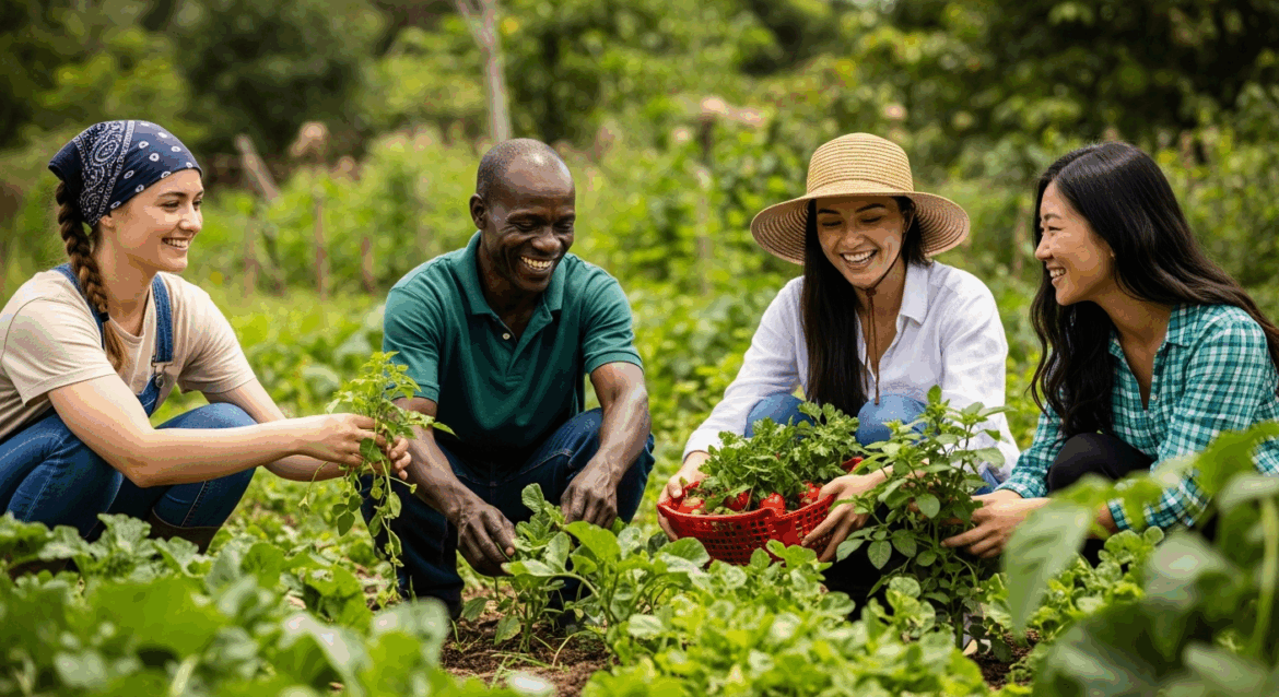 A vibrant scene depicting a diverse group of modern agriculturalists collaborating in a lush, sustainable farm environment, illustrating community-driven agricultural practices and the ideals of popular land reform through agroecology. no texts on scene. Keywords: photorealistic style, high resolution, 4k details, HDR, cinematic lighting, professional photography, studio lighting, vibrant colors.