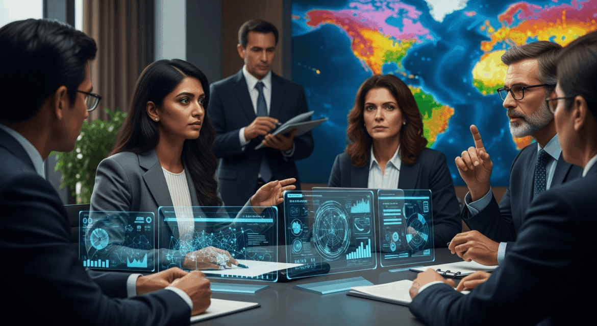A dynamic conference setting showcasing world leaders engaged in passionate discussions about regulating artificial intelligence, with advanced tech visuals and a global map in the background. no texts on scene. Keywords: photorealistic style, high resolution, 4k details, HDR, cinematic lighting, professional photography, studio lighting, vibrant colors.