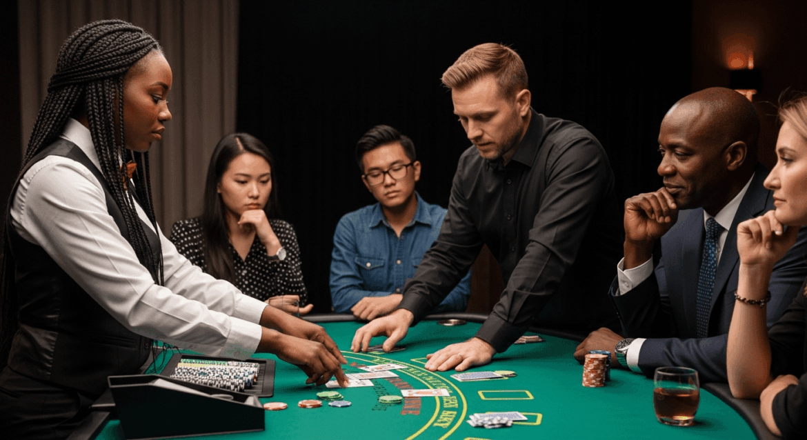 A dynamic and engaging scene portraying a blackjack table with professional dealers, players deep in thought, and cards and chips scattered strategically, capturing the essence of a casino environment, no texts on scene. Keywords: photorealistic style, high resolution, 4k details, HDR, cinematic lighting, professional photography, studio lighting, vibrant colors.