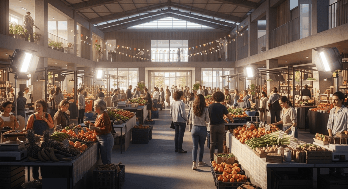 A vibrant and bustling market scene showcasing a newly constructed municipal market with modern architecture, diverse stalls filled with fresh produce and local goods, and community members engaging joyfully. No texts on scene. Keywords: photorealistic style, high resolution, 4k details, HDR, cinematic lighting, professional photography, studio lighting, vibrant colors.