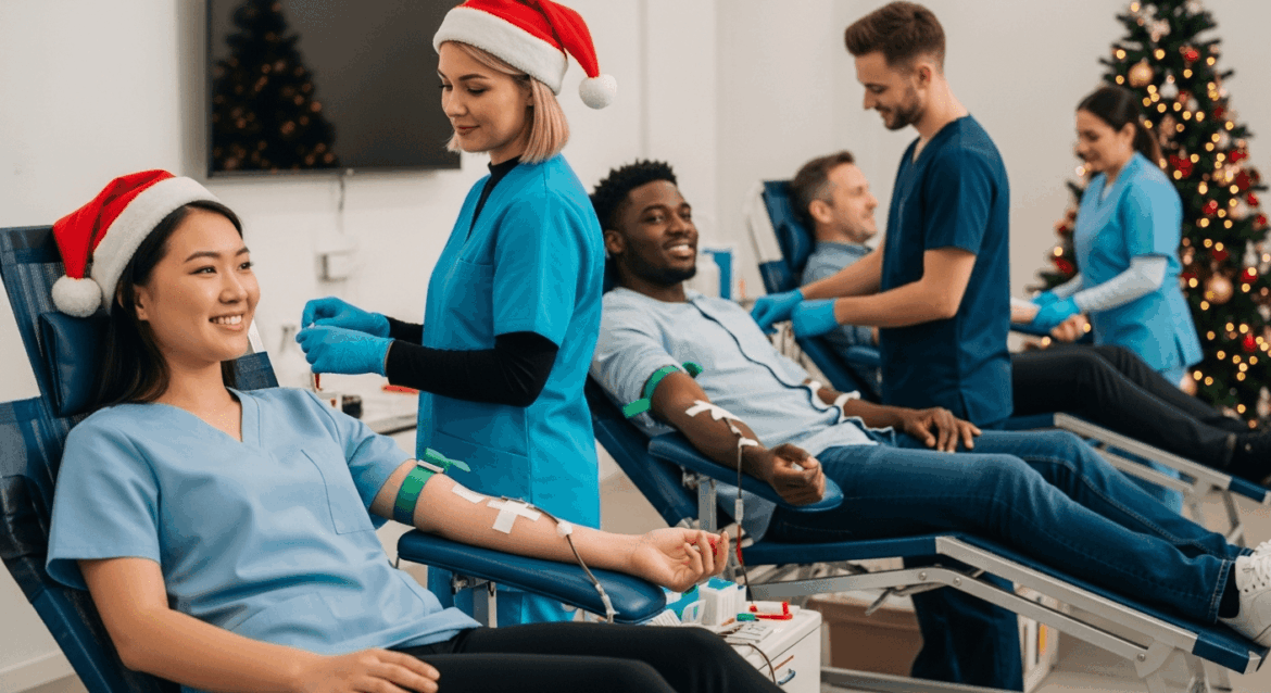 A vibrant scene at a modern blood donation center during a November holiday, showcasing volunteers encouraging diverse individuals to participate in blood donation with a warm and inviting atmosphere. no texts on scene. photorealistic style, high resolution, 4k details, HDR, cinematic lighting, professional photography, studio lighting, vibrant colors.