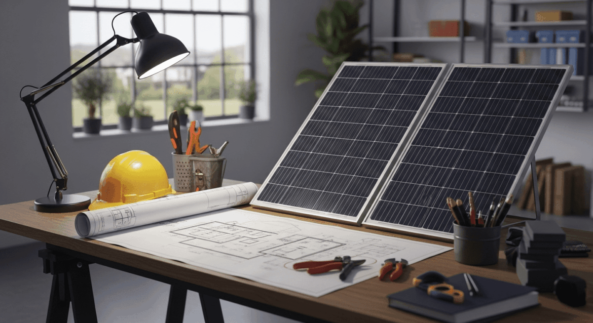 A comprehensive guide visually represented as a modern, organized workspace with solar panels, a blueprint, and various tools for residential solar energy installation. no texts on scene. Photorealistic style, high resolution, 4k details, HDR, cinematic lighting, professional photography, studio lighting, vibrant colors.