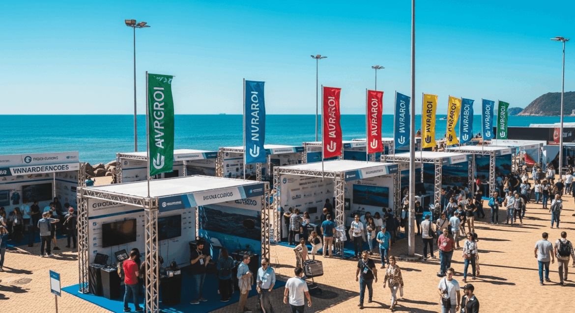 A vibrant coastal scene in Niterói during a prestigious international event, showcasing innovative marine solutions, with stalls featuring advanced oceanographic technologies, colorful banners, and enthusiastic attendees gathered under a bright blue sky. No texts on scene. Photorealistic style, high resolution, 4k details, HDR, cinematic lighting, professional photography, studio lighting, vibrant colors.