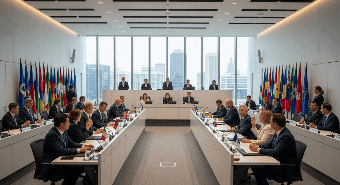 An impactful visual scene depicting a formal governmental assembly where officials discuss and celebrate the approval of a national care policy, set in a modern legislative chamber filled with dignitaries and flags. No texts on scene. Photorealistic style, high resolution, 4k details, HDR, cinematic lighting, professional photography, studio lighting, vibrant colors.