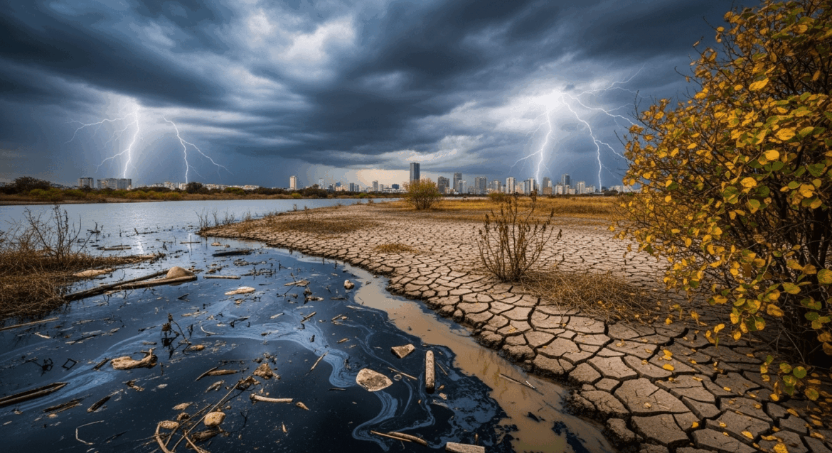 A vivid depiction of a cityscape at risk of climate change consequences, showcasing polluted water bodies, drought-affected areas, and vibrant yet dying vegetation, illuminated under dramatic skies. no texts on scene. Keywords: photorealistic style, high resolution, 4k details, HDR, cinematic lighting, professional photography, studio lighting, vibrant colors.