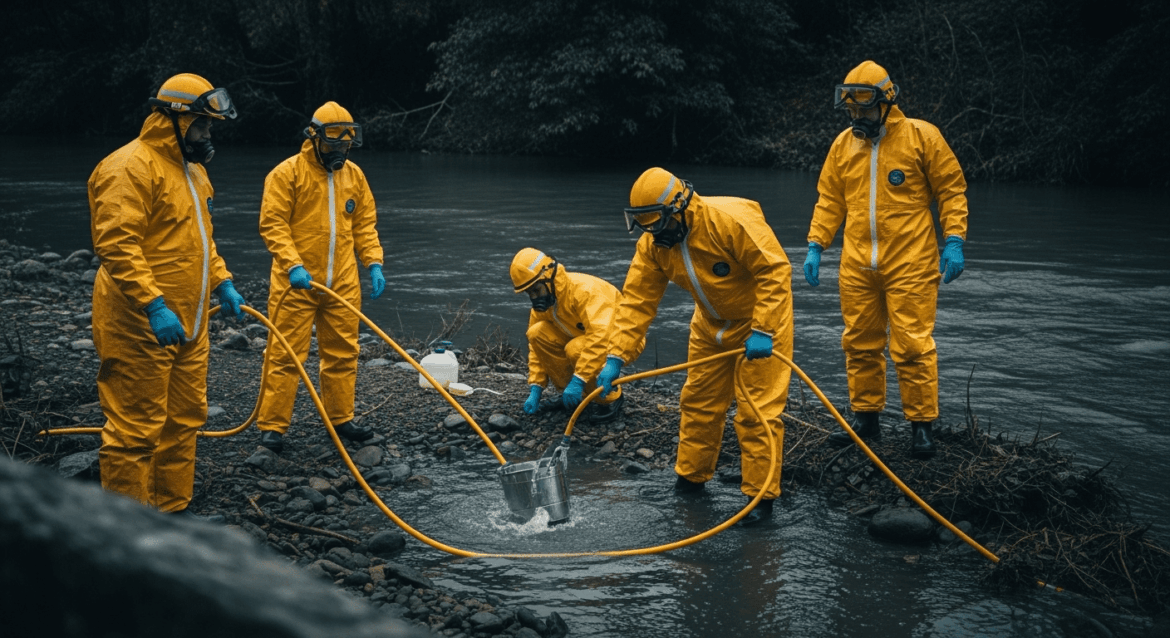 A dramatic scene depicting authorities in hazmat suits investigating water contamination near a river in Mage, highlighting the urgency and seriousness of the situation with environmental and public health implications. **No texts on scene.** Keywords: photorealistic style, high resolution, 4k details, HDR, cinematic lighting, professional photography, studio lighting, vibrant colors.