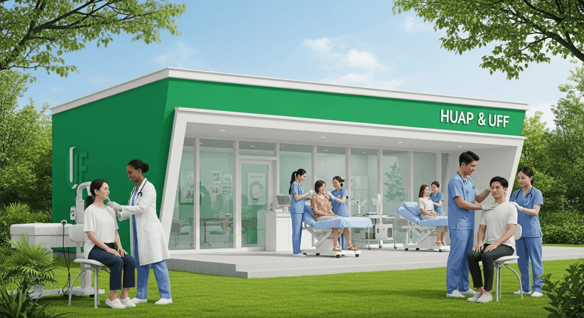 A vibrant scene depicts a modern healthcare clinic with patients receiving skin examinations outdoors, surrounded by lush greenery and professional staff, symbolizing the collaboration between HUAP and UFF in cancer prevention and treatment. no texts on scene. photorealistic style, high resolution, 4k details, HDR, cinematic lighting, professional photography, studio lighting, vibrant colors.