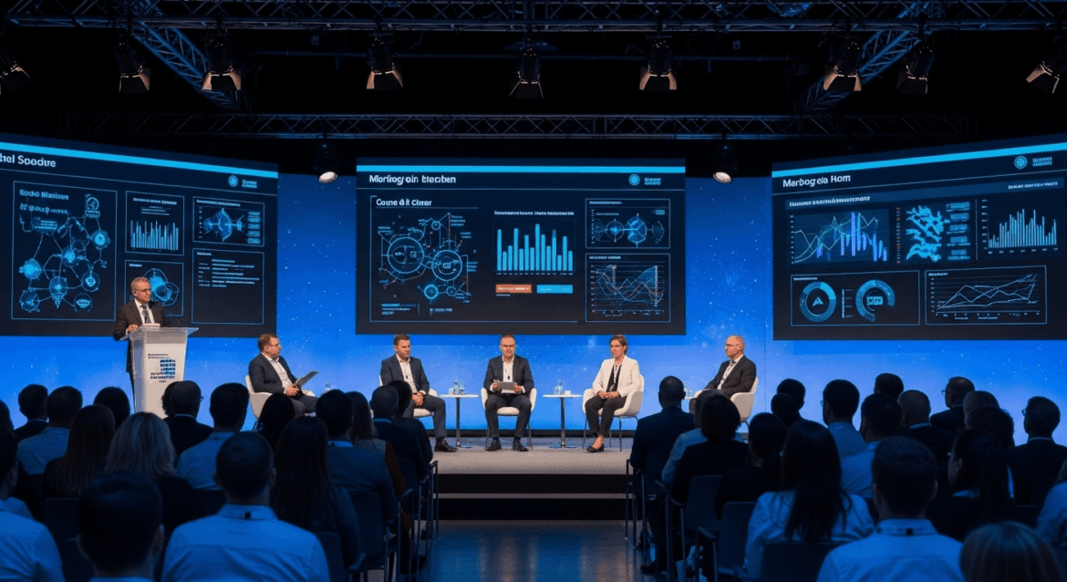 A vibrant and modern conference scene showcasing experts engaged in discussions about AI in communication and journalism, featuring sleek digital screens and an audience absorbing cutting-edge insights. no texts on scene. photorealistic style, high resolution, 4k details, HDR, cinematic lighting, professional photography, studio lighting, vibrant colors.