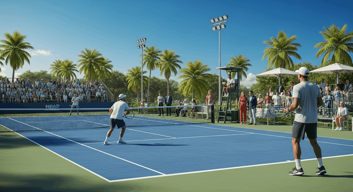A vibrant tennis tournament scene set in Salvador, showcasing players engaged in dynamic matches, surrounded by enthusiastic spectators and networking business professionals amidst a colorful backdrop of palm trees and a clear blue sky. no texts on scene. Keywords: photorealistic style, high resolution, 4k details, HDR, cinematic lighting, professional photography, studio lighting, vibrant colors.