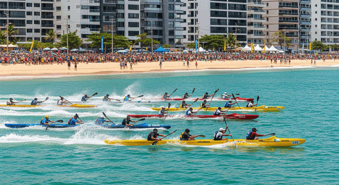 A vibrant scene of the Ilhéus coastline during the fourth stage of the Canoa Polinésia championship, showcasing colorful canoes racing across azure waters with enthusiastic spectators on the beach. no texts on scene. Photorealistic style, high resolution, 4k details, HDR, cinematic lighting, professional photography, studio lighting, vibrant colors.