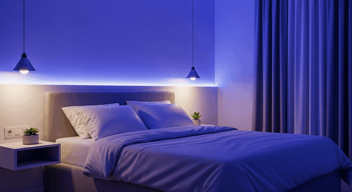 A serene bedroom at night with a cozy bed, soft pillows, and calming colors that evoke peace and tranquility, representing the essential connection between sleep and mental health. no texts on scene. Photorealistic style, high resolution, 4k details, HDR, cinematic lighting, professional photography, studio lighting, vibrant colors.