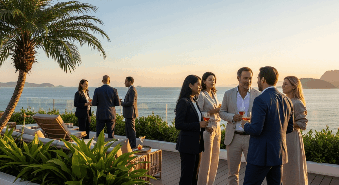 A sophisticated rooftop beach scene in Flamengo, featuring elegant investors networking over cocktails, surrounded by lush greenery, with a stunning view of the ocean at sunset, capturing the essence of luxury and exclusivity. no texts on scene. photorealistic style, high resolution, 4k details, HDR, cinematic lighting, professional photography, studio lighting, vibrant colors.