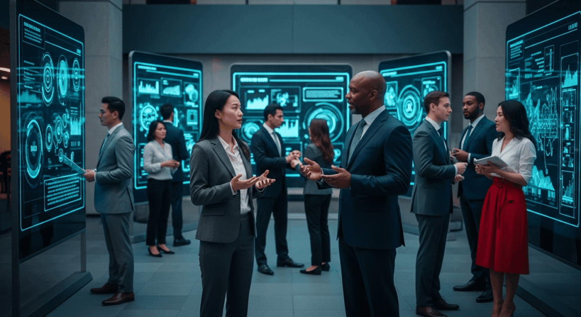A bustling modern lobby filled with corporate representatives engaged in discussions, surrounded by digital displays and tech innovations, reflecting the influence of big tech on legislative processes regarding AI. no texts on scene. Photorealistic style, high resolution, 4k details, HDR, cinematic lighting, professional photography, studio lighting, vibrant colors.