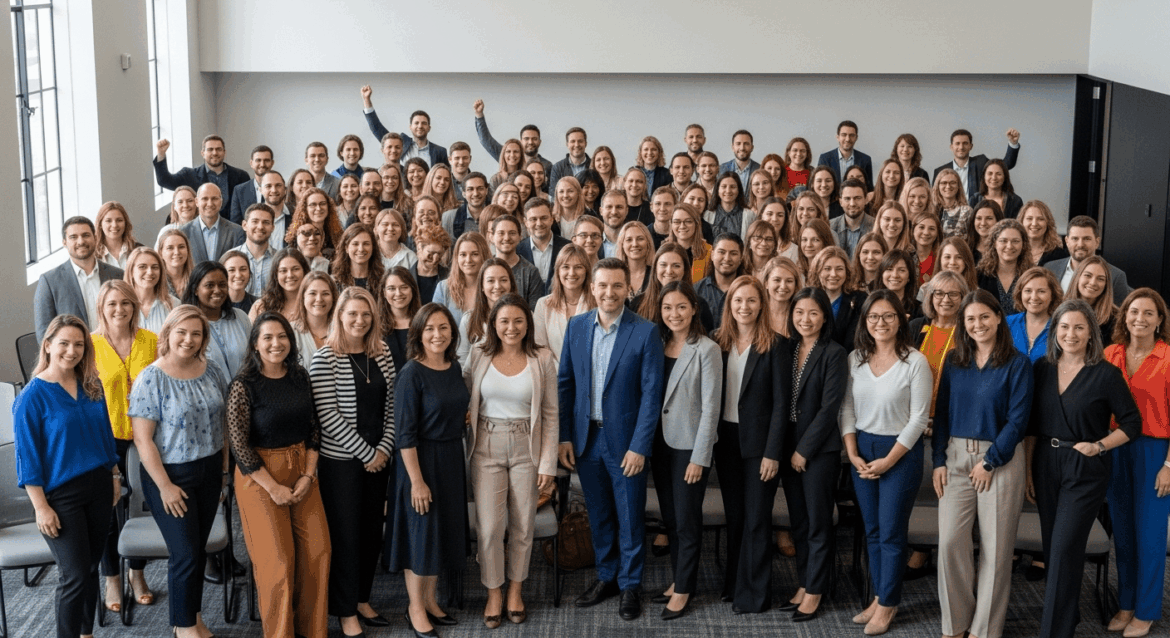 A professional scene captures a diverse group of 85 educators in a modern conference room, celebrating their recent selection and discussing educational strategies, with vibrant decorations and collaborative spirit evident in their dynamic expressions. no texts on scene. Keywords: photorealistic style, high resolution, 4k details, HDR, cinematic lighting, professional photography, studio lighting, vibrant colors.