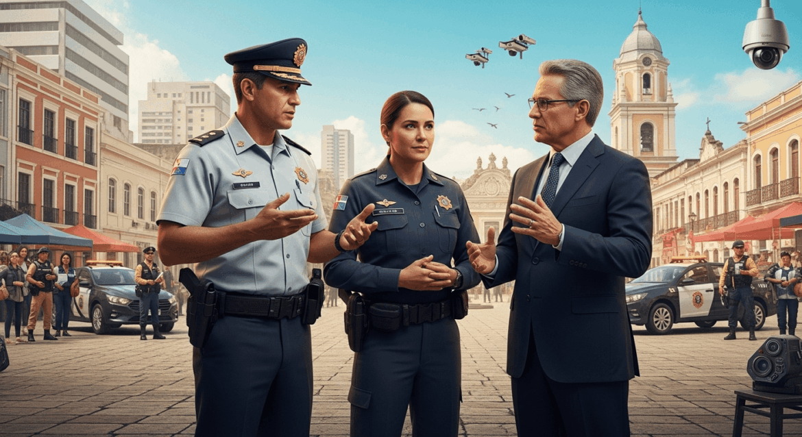 A dynamic scene depicts Major PM Elismar, dressed in a crisp police uniform, engaged in a strategic discussion with Comandante da 99ª CIPM and Mayor Professor Emerson, surrounded by a backdrop that highlights Santa Inês, incorporating elements of urban security and community engagement. No texts on scene. Keywords: photorealistic style, high resolution, 4k details, HDR, cinematic lighting, professional photography, studio lighting, vibrant colors.
