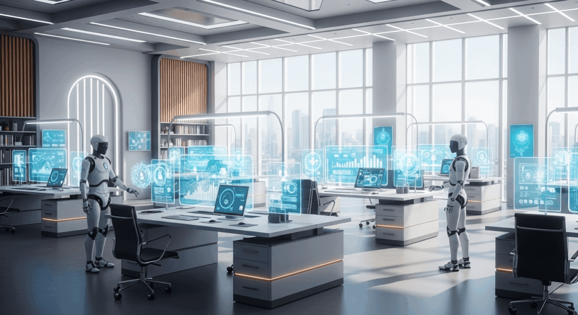 A visually stunning scene showcasing futuristic HR technology, featuring advanced artificial intelligence tools and innovative human resources solutions, set in a modern office environment. no texts on scene, photorealistic style, high resolution, 4k details, HDR, cinematic lighting, professional photography, studio lighting, vibrant colors.