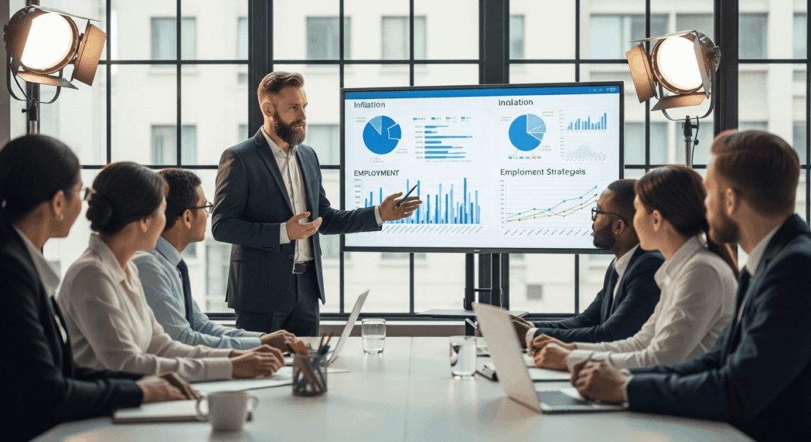 A professional discussion scene featuring a business conference with a financial expert presenting data on inflation and employment, surrounded by engaged attendees analyzing charts and graphs, reflecting modern economic strategies. no texts on scene. Photorealistic style, high resolution, 4k details, HDR, cinematic lighting, professional photography, studio lighting, vibrant colors.