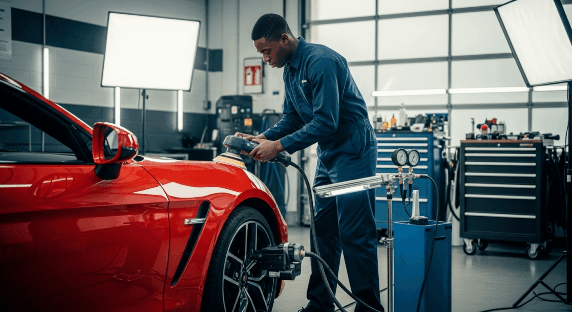 A modern garage scene featuring a pristine vehicle being professionally detailed and inspected, surrounded by maintenance tools and a knowledgeable technician, emphasizing preventive care to avoid vehicle depreciation. no texts on scene. photorealistic style, high resolution, 4k details, HDR, cinematic lighting, professional photography, studio lighting, vibrant colors.