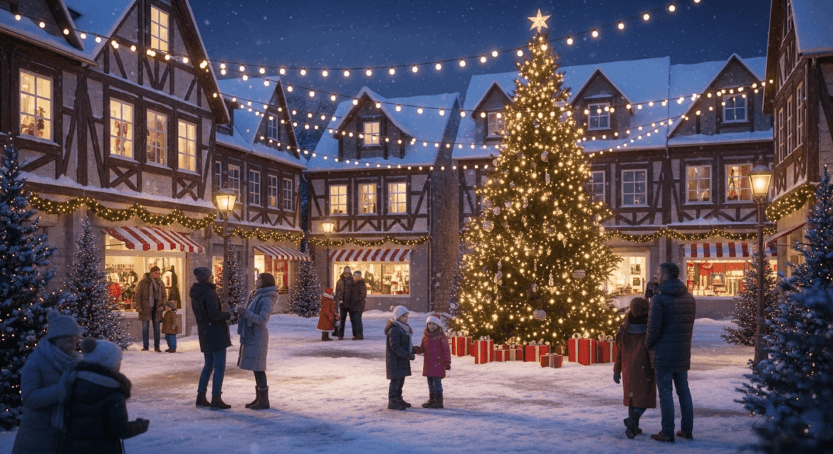 A cozy winter scene featuring a festive town square illuminated by twinkling lights, snow gently falling, and families enjoying holiday activities around a beautifully decorated Christmas tree. No texts on scene. Keywords: photorealistic style, high resolution, 4k details, HDR, cinematic lighting, professional photography, studio lighting, vibrant colors.