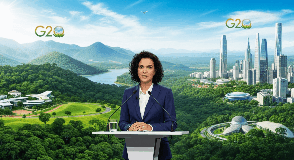 A Brazilian minister stands confidently at a podium during the G20 summit, passionately discussing sustainable practices with a backdrop featuring a blend of lush green landscapes and urban architecture, symbolizing the balance between development and environmental stewardship. no texts on scene. photorealistic style, high resolution, 4k details, HDR, cinematic lighting, professional photography, studio lighting, vibrant colors.