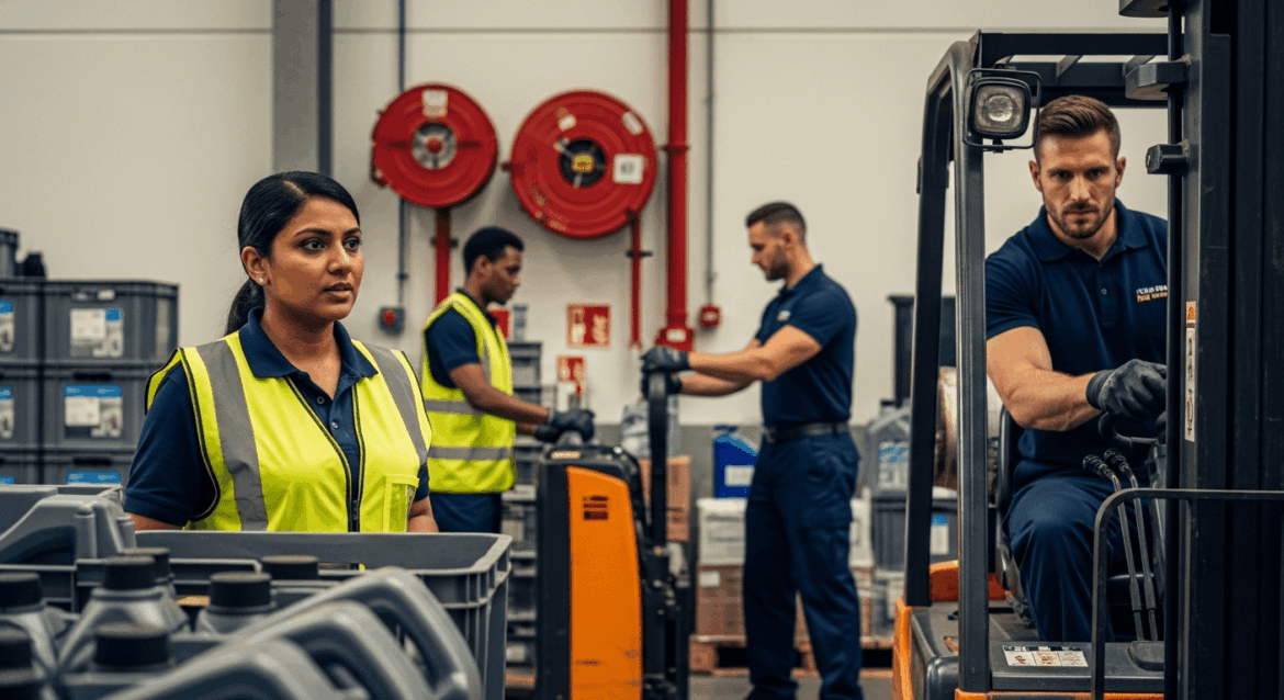 A dynamic scene depicting a modern logistics warehouse for lubricants, showcasing resilient employees managing inventory and advanced machinery, with a backdrop of fire safety equipment and a sense of urgency reflecting the aftermath of a major incident. No texts on scene. Keywords: photorealistic style, high resolution, 4k details, HDR, cinematic lighting, professional photography, studio lighting, vibrant colors.