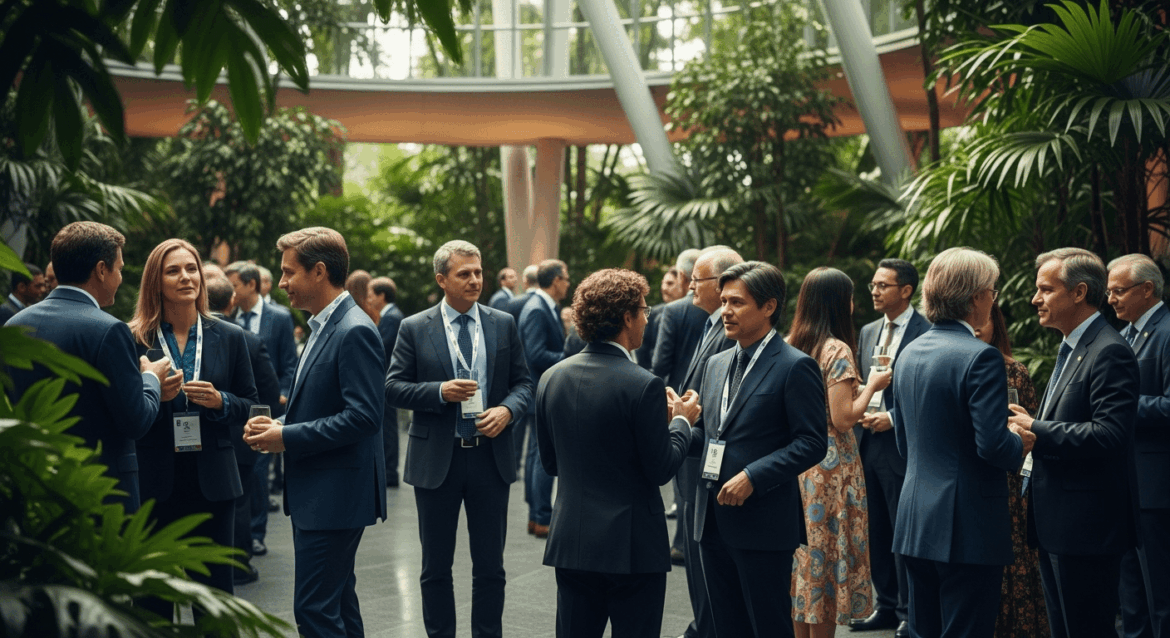 A vibrant scene depicting delegates from around the world engaging in discussions and networking at the G20 Social Summit in Brazil, surrounded by lush tropical flora and modern architecture. no texts on scene. Keywords: photorealistic style, high resolution, 4k details, HDR, cinematic lighting, professional photography, studio lighting, vibrant colors.