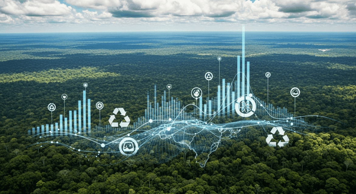 A breathtaking landscape of Brazil showcasing lush rainforests intertwined with modern carbon market elements like digital graphs and eco-friendly symbols, reflecting the country's potential leadership in the carbon trading ecosystem. no texts on scene. Keywords: photorealistic style, high resolution, 4k details, HDR, cinematic lighting, professional photography, studio lighting, vibrant colors.