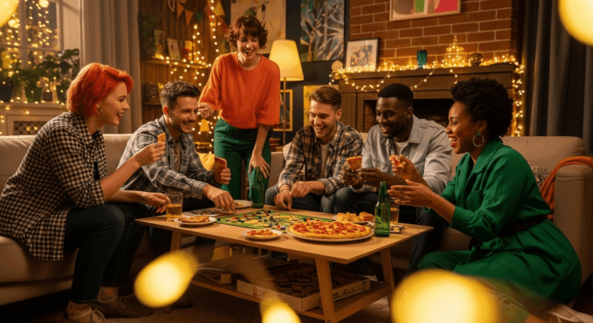 A lively and colorful gathering of friends enjoying a fun night filled with games, laughter, and snacks in a cozy living room decorated with fairy lights. no texts on scene. Keywords: photorealistic style, high resolution, 4k details, HDR, cinematic lighting, professional photography, studio lighting, vibrant colors.
