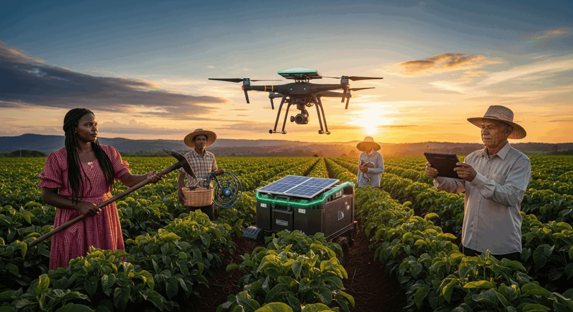 A vibrant landscape of Bahia showcasing local farmers using innovative, sustainable farming techniques, with futuristic fuel technologies enhancing their agricultural practices in a colorful sunset. No texts on scene. Keywords: photorealistic style, high resolution, 4k details, HDR, cinematic lighting, professional photography, studio lighting, vibrant colors.