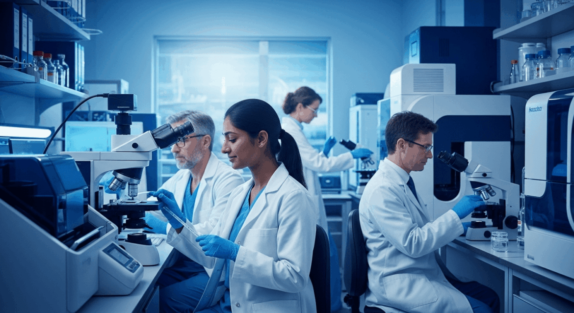 A dynamic and innovative laboratory scene showcasing advanced technology and medical professionals working together to rapidly diagnose pancreatic cancer, symbolizing a new national methodology that significantly reduces wait time. no texts on scene. Keywords: photorealistic style, high resolution, 4k details, HDR, cinematic lighting, professional photography, studio lighting, vibrant colors.