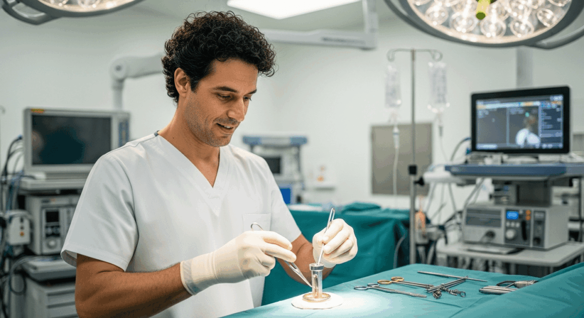 A skilled orthopedic surgeon from Bahia showcases innovative shoulder prosthesis techniques learned in Italy, surrounded by modern medical equipment and a bright surgical environment. no texts on scene. Photorealistic style, high resolution, 4k details, HDR, cinematic lighting, professional photography, studio lighting, vibrant colors.