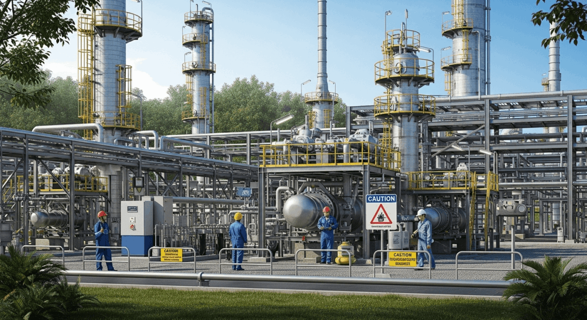 An industrial scene depicting a modern oil refinery facility surrounded by lush greenery, with workers in safety gear and advanced machinery, set against a backdrop of environmental caution signs highlighting water management issues. No texts on scene. Prominent keywords include photorealistic style, high resolution, 4k details, HDR, cinematic lighting, professional photography, studio lighting, vibrant colors.