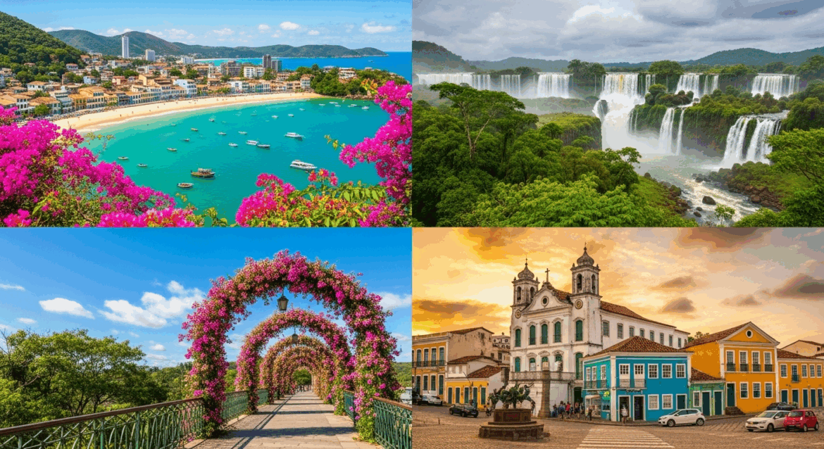 A vibrant spring scene in Brazil showcasing four breathtaking destinations, featuring colorful flowers, lush greenery, and iconic landmarks that symbolize the beauty of the season. no texts on scene. Keywords: photorealistic style, high resolution, 4k details, HDR, cinematic lighting, professional photography, studio lighting, vibrant colors.