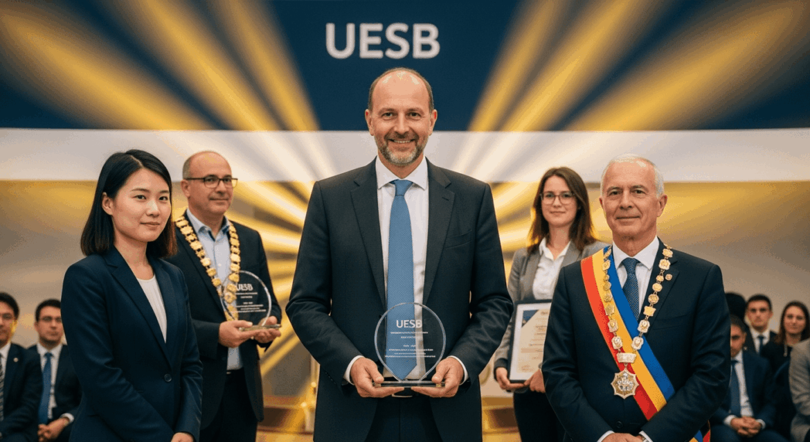A distinguished professor from Uesb is celebrated at a prestigious award ceremony, surrounded by glowing accolades and influential peers in a modern academic setting. no texts on scene. Keywords: photorealistic style, high resolution, 4k details, HDR, cinematic lighting, professional photography, studio lighting, vibrant colors.