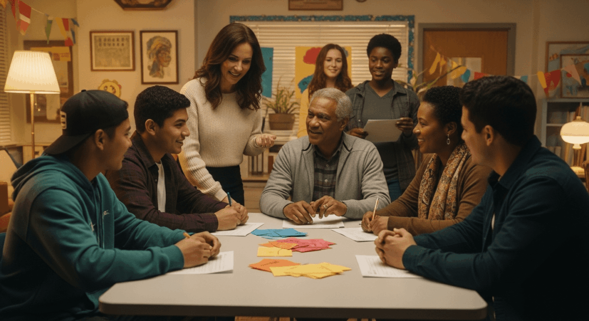 A vibrant community meeting scene, showcasing a diverse group of students and educators engaging in discussions about educational support programs, surrounded by elements symbolizing hope and empowerment. No texts on scene. Keywords: photorealistic style, high resolution, 4k details, HDR, cinematic lighting, professional photography, studio lighting, vibrant colors.