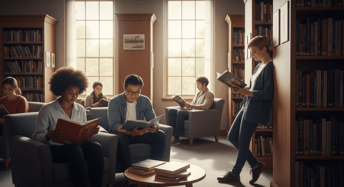 A serene, inviting library scene featuring diverse students engaged in reading, surrounded by soft natural light streaming through large windows, creating a calming atmosphere that emphasizes emotional support and connection through literature. no texts on scene. photorealistic style, high resolution, 4k details, HDR, cinematic lighting, professional photography, studio lighting, vibrant colors.