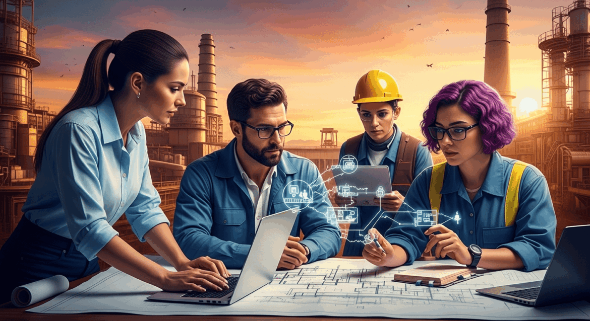 A dynamic industrial scene depicting a diverse group of professionals collaborating over architectural plans and technology innovations, with elements symbolizing Brazilian industry and infrastructure, infused with a vibrant, modern atmosphere. no texts on scene. photorealistic style, high resolution, 4k details, HDR, cinematic lighting, professional photography, studio lighting, vibrant colors.