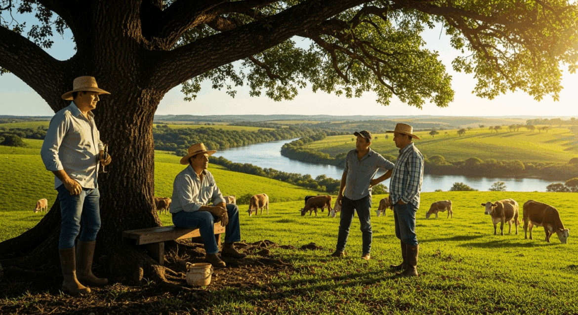 A serene rural landscape in the Rio Grande do Sul, featuring lush green fields and a gentle river, with farmers discussing credit options under a clear sky, symbolizing resilience and recovery from floods. no texts on scene. photorealistic style, high resolution, 4k details, HDR, cinematic lighting, professional photography, studio lighting, vibrant colors.