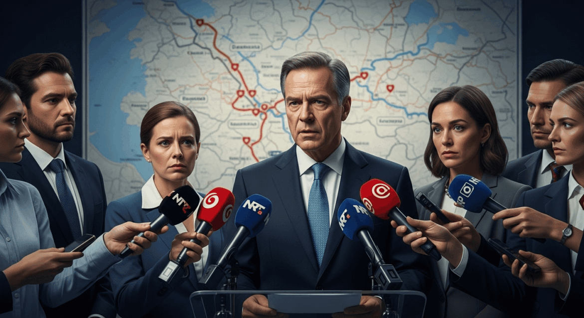 A dramatic scene depicting a press conference where a government official announces the loss of a highway concession, with officials and reporters, tense expressions and a backdrop of a large map highlighting the impacted routes. No texts on scene. Keywords: photorealistic style, high resolution, 4k details, HDR, cinematic lighting, professional photography, studio lighting, vibrant colors.