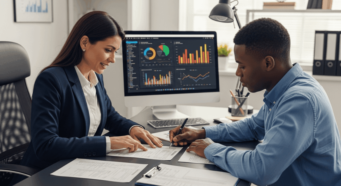 A visual scene depicting a professional office environment where an accountant assists a small business owner in filling out forms to regularize a CNPJ, showcasing detailed financial documents and a computer with graphs and charts on the screen. no texts on scene. photorealistic style, high resolution, 4k details, HDR, cinematic lighting, professional photography, studio lighting, vibrant colors.