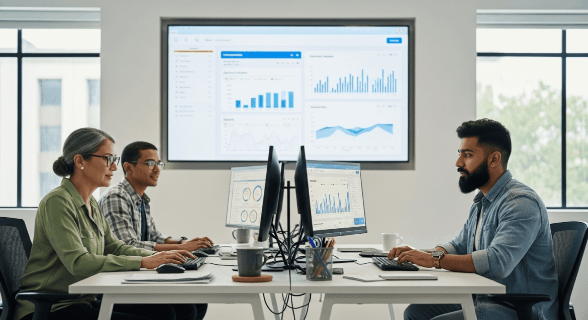 A modern office scene featuring digital marketing professionals analyzing data on dual monitors while discussing strategies showcased on a large screen, with elements like graphs and SEO analytics visible in the background. No texts on scene. Keywords: photorealistic style, high resolution, 4k details, HDR, cinematic lighting, professional photography, studio lighting, vibrant colors.