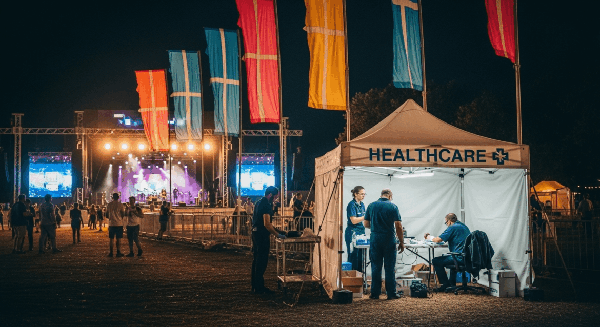 A dynamic and vibrant scene showcasing a healthcare tent at a music festival, with medical staff in action, colorful banners, and band stage in the background, reflecting urgency and support. No texts on scene. Photorealistic style, high resolution, 4k details, HDR, cinematic lighting, professional photography, studio lighting, vibrant colors.