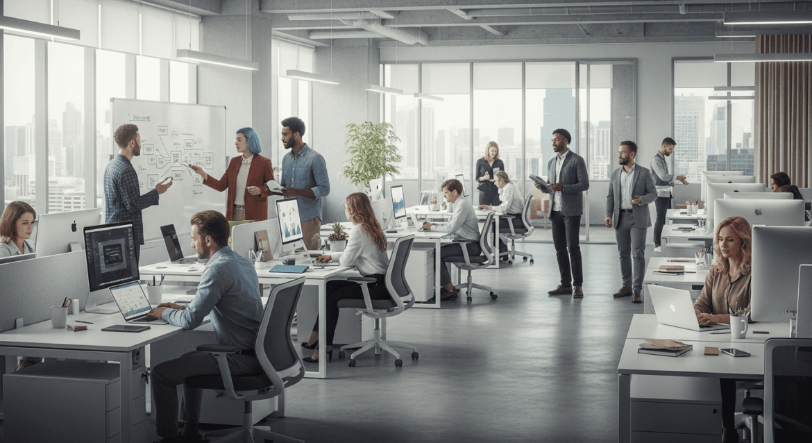 A serene and modern office setting depicting professionals engaging in various productivity-boosting activities, such as collaborative brainstorming sessions, focused individual work, and the use of innovative tools and technology, emphasizing a thriving and efficient work environment. no texts on scene. photorealistic style, high resolution, 4k details, HDR, cinematic lighting, professional photography, studio lighting, vibrant colors.