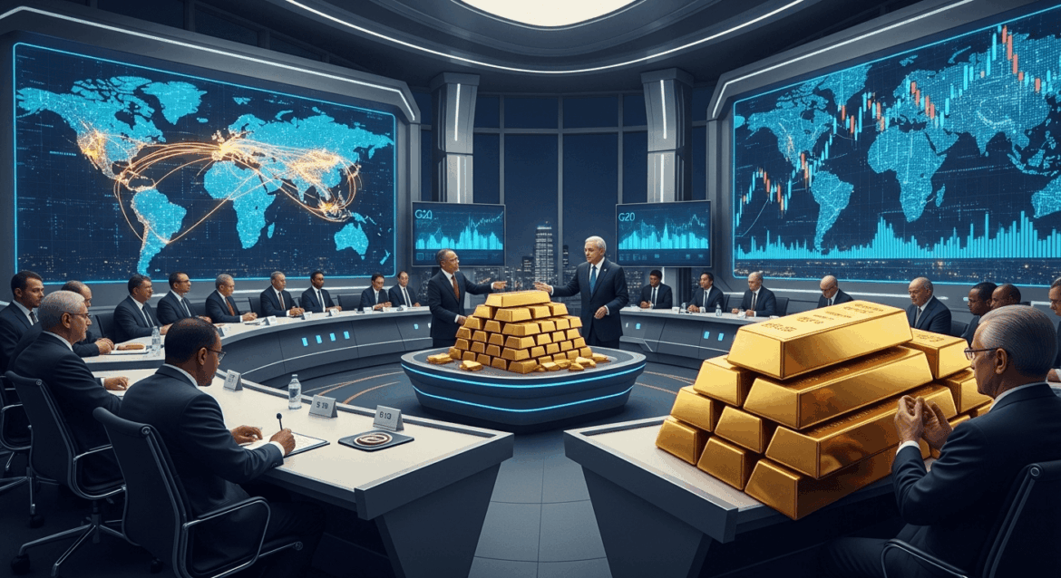 A dynamic scene capturing an intense G20 summit with world leaders engaged in discussion, surrounded by visual elements representing global wealth and taxation, set against a modern, high-tech conference room backdrop. No texts on scene. Photorealistic style, high resolution, 4k details, HDR, cinematic lighting, professional photography, studio lighting, vibrant colors.